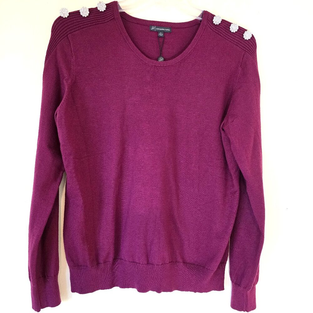 NWT Ribbed/Rhinestone Accents Pullover Wine Berry LS Adrianna Papell Sweater XL